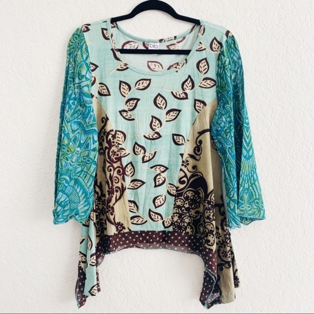 Bila Tunic Top Bohemian Leaf Print Bell Sleeve Lightweight Blouse S